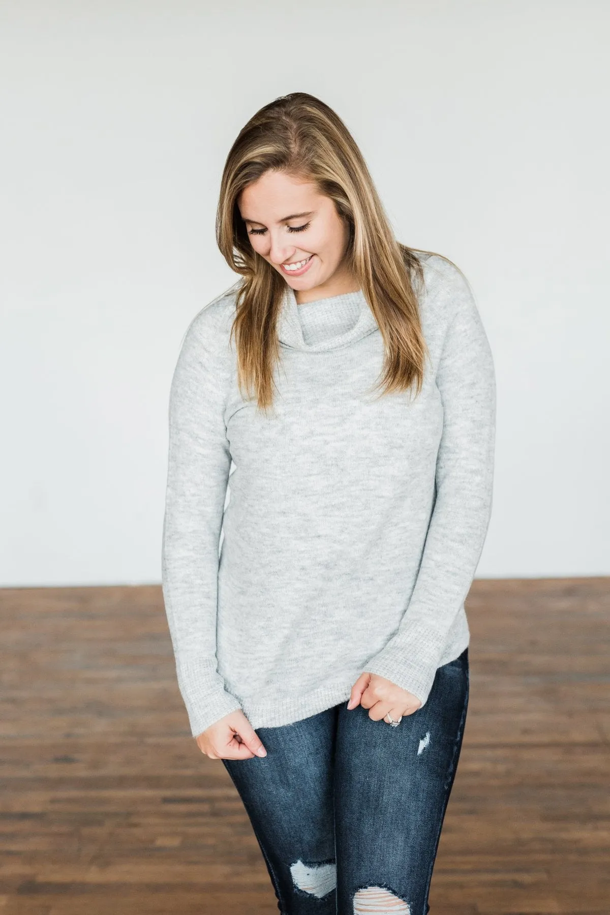 Say My Name Cowl Neck Sweater- Heather Grey