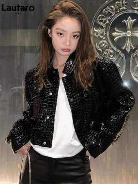 Short Black Reflective Patent Leather Jacket for Women