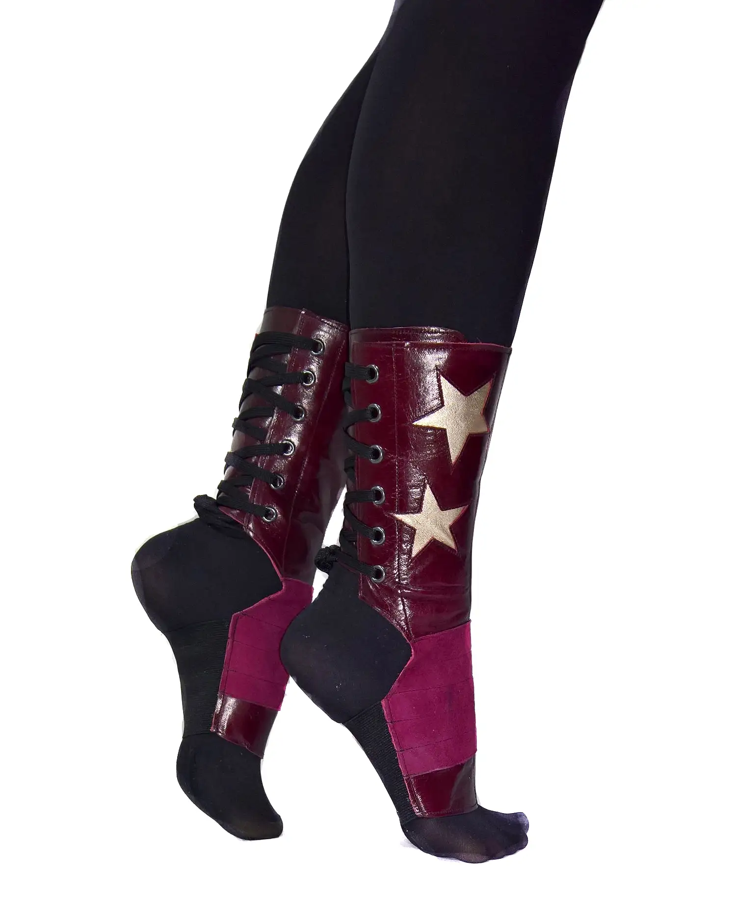 SHORT Burgundy Stardust Aerial boots w/ Gold Stars + Grip Panel