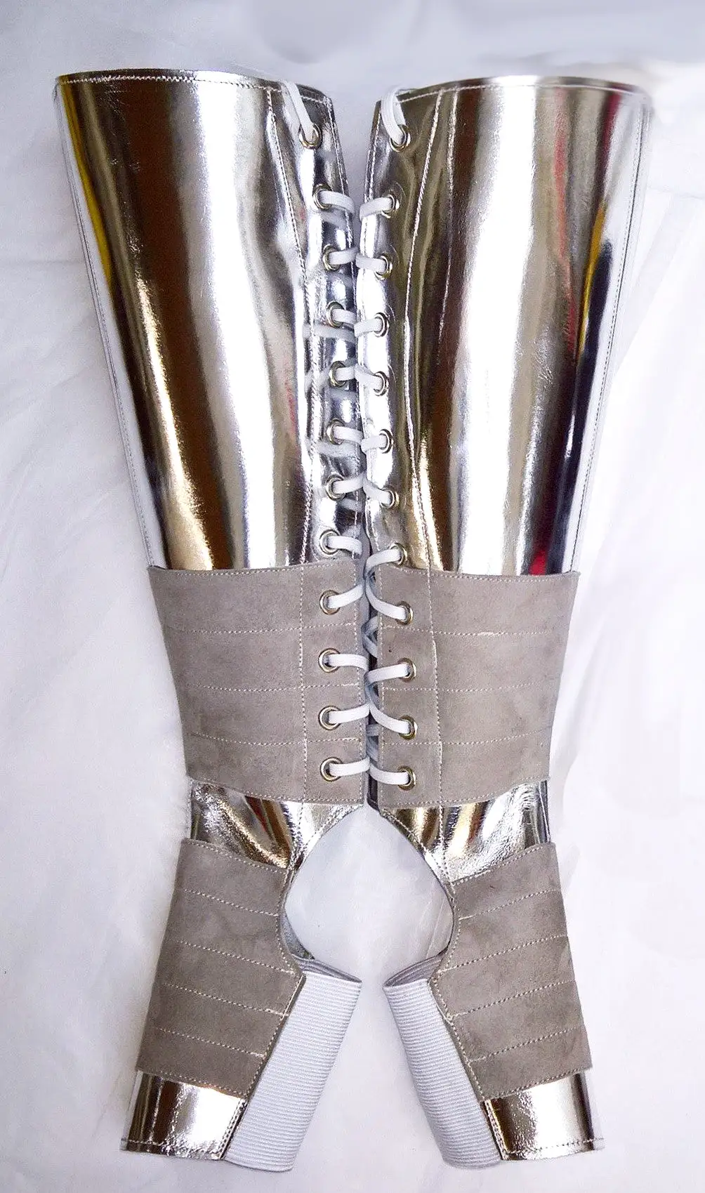 SILVER Mirror Metallic Leather Aerial boots w/ Suede Grip