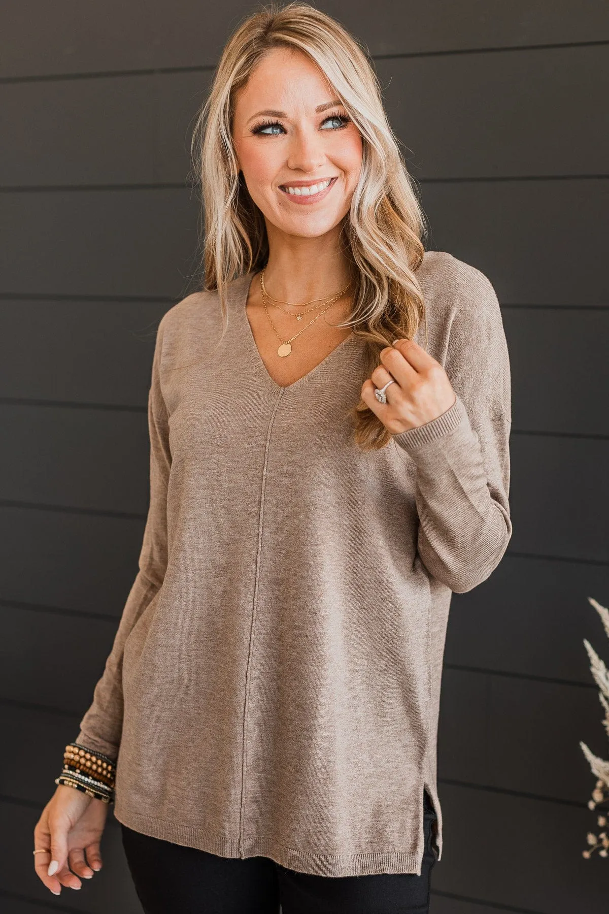 Soft As A Cloud V-Neck Sweater- Mocha