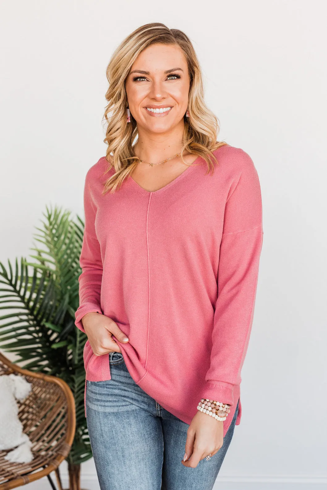 Soft As A Cloud V-Neck Sweater- Pink