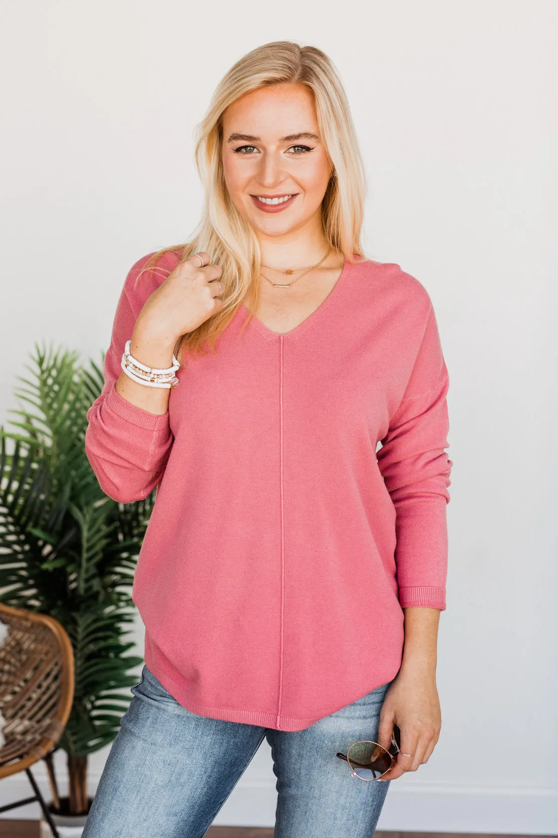 Soft As A Cloud V-Neck Sweater- Pink