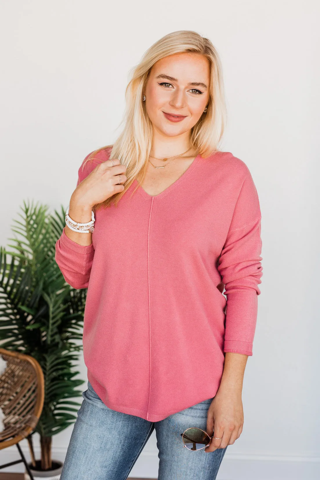 Soft As A Cloud V-Neck Sweater- Pink