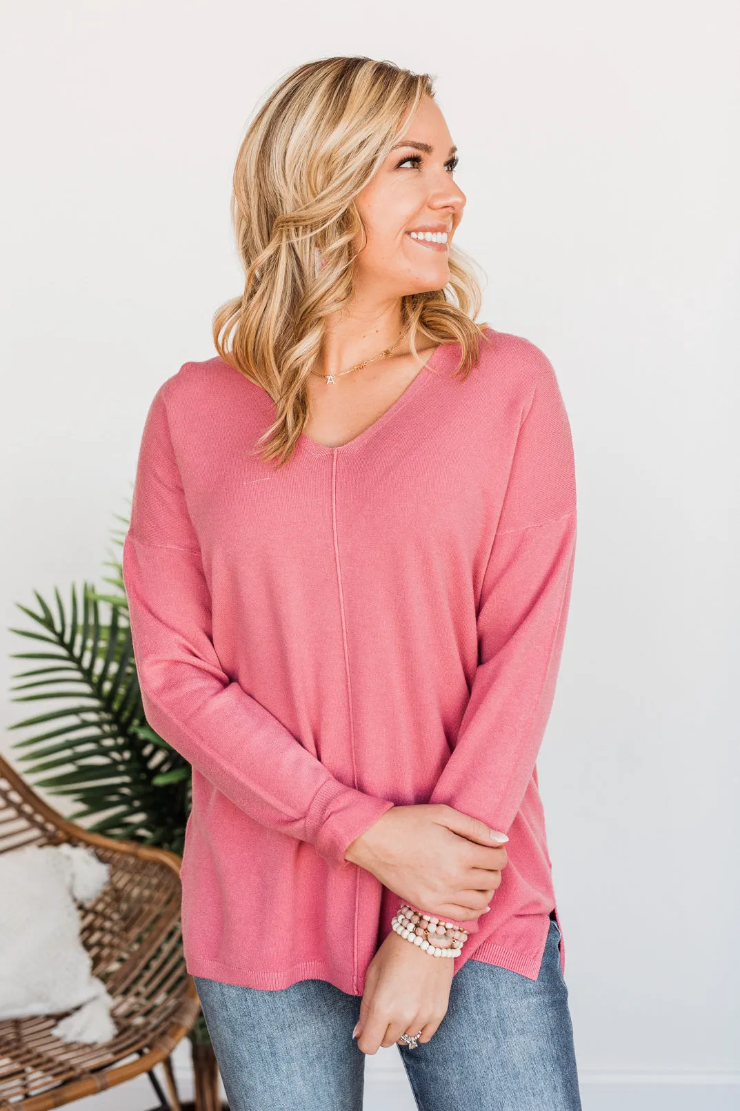 Soft As A Cloud V-Neck Sweater- Pink