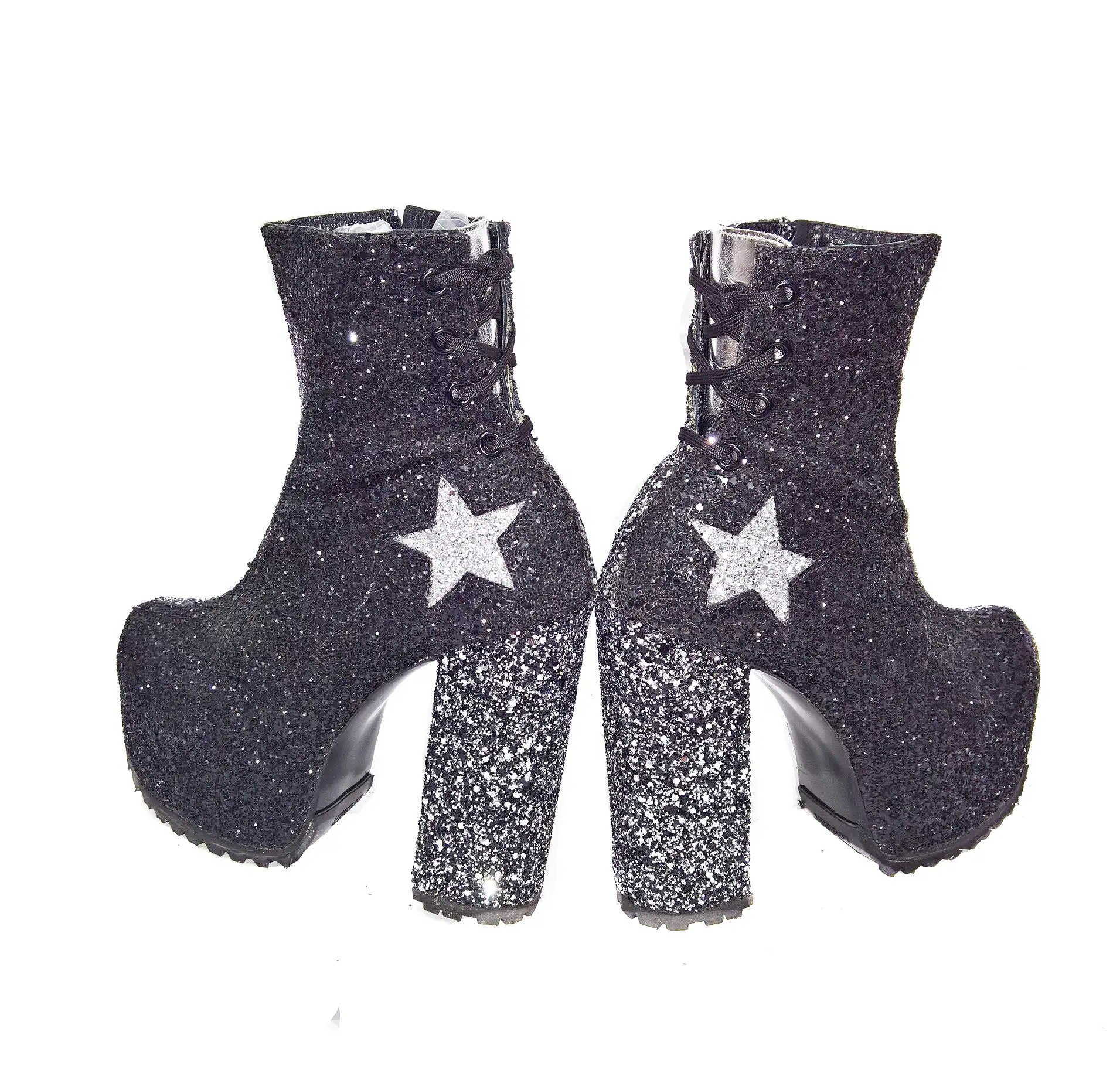 STARDUST Harlequin Platform Ankle Boots in Black & Silver Glitter