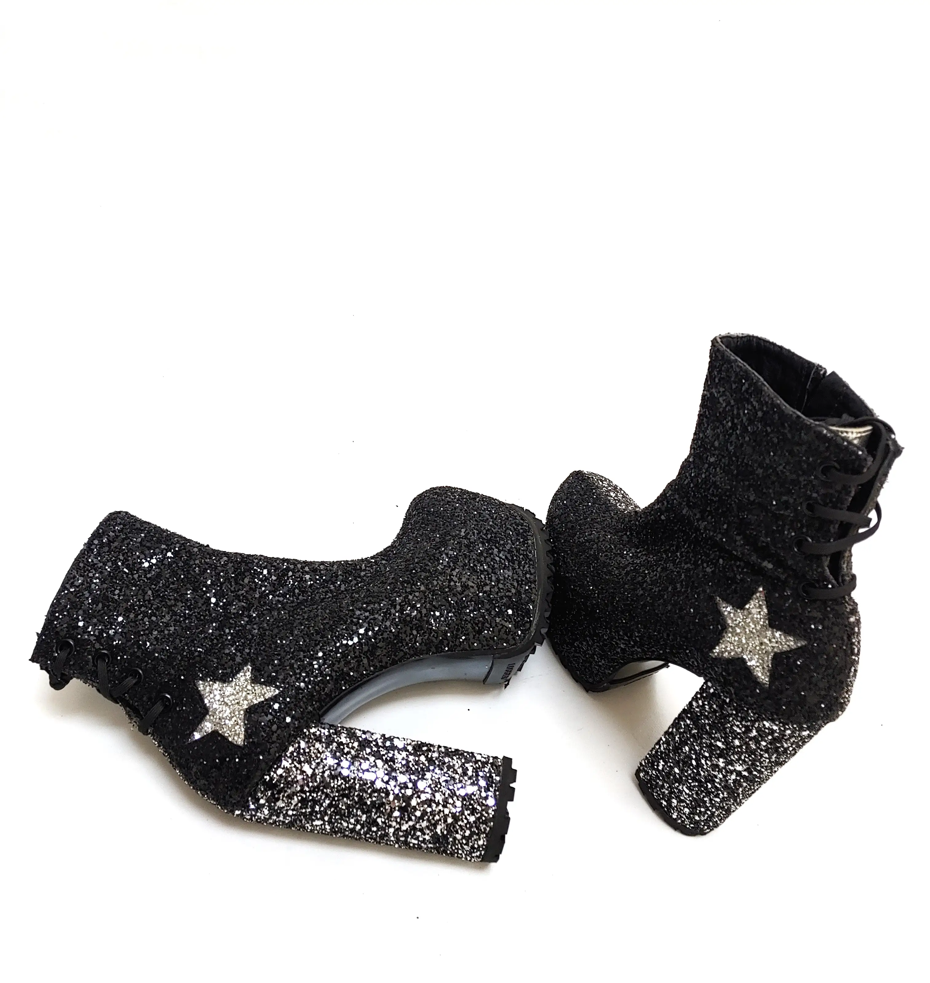 STARDUST Harlequin Platform Ankle Boots in Black & Silver Glitter