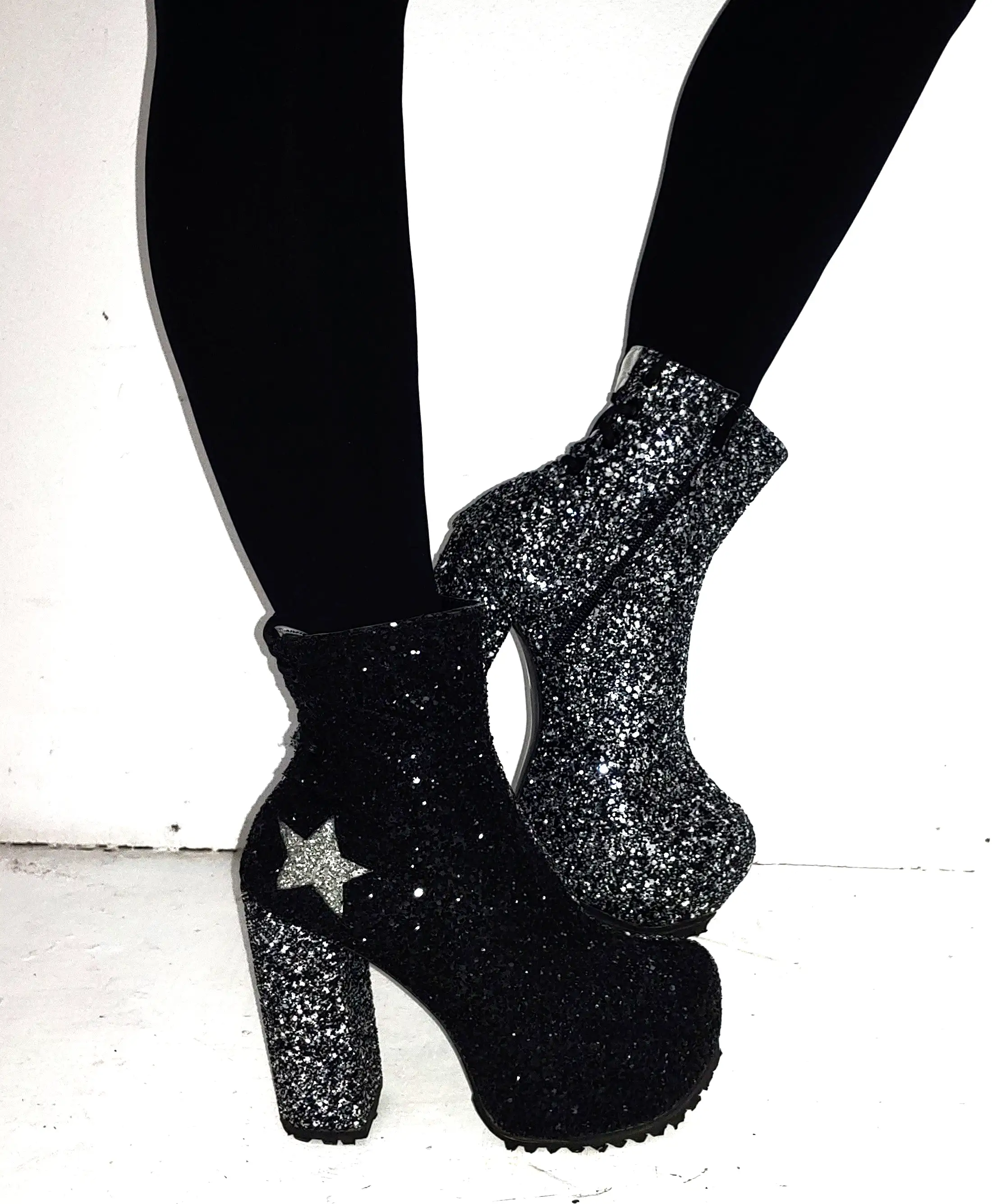 STARDUST Harlequin Platform Ankle Boots in Black & Silver Glitter