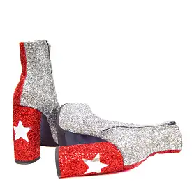 STARDUST Harlequin Platform Ankle Boots in Red & Silver Glitter