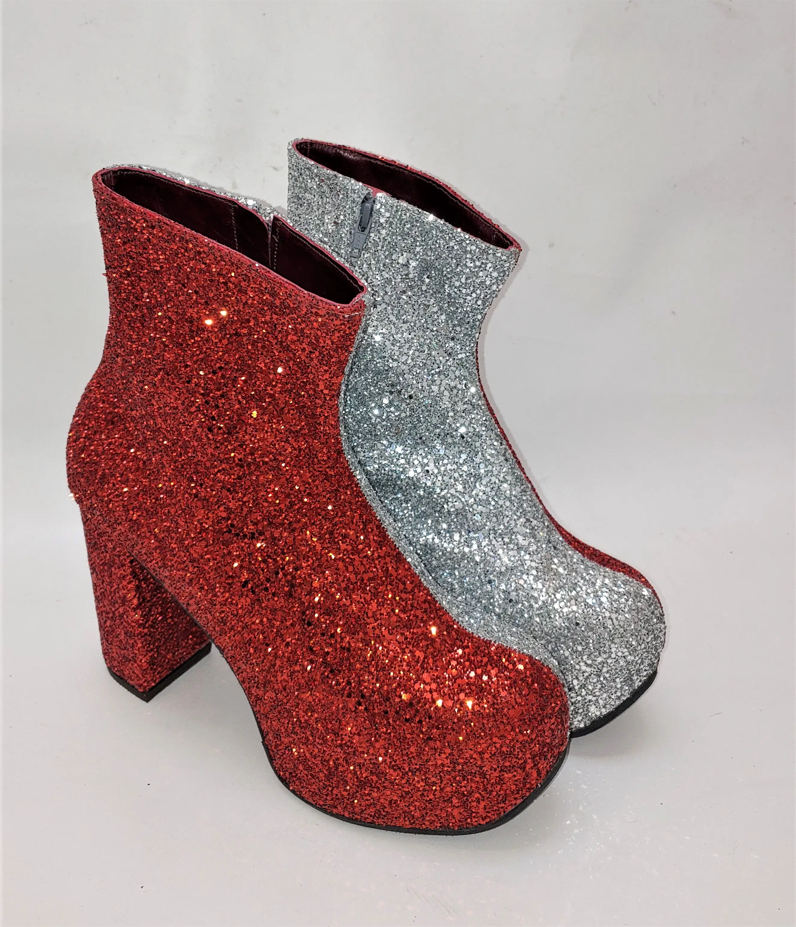 STARDUST Harlequin Platform Ankle Boots in Red & Silver Glitter