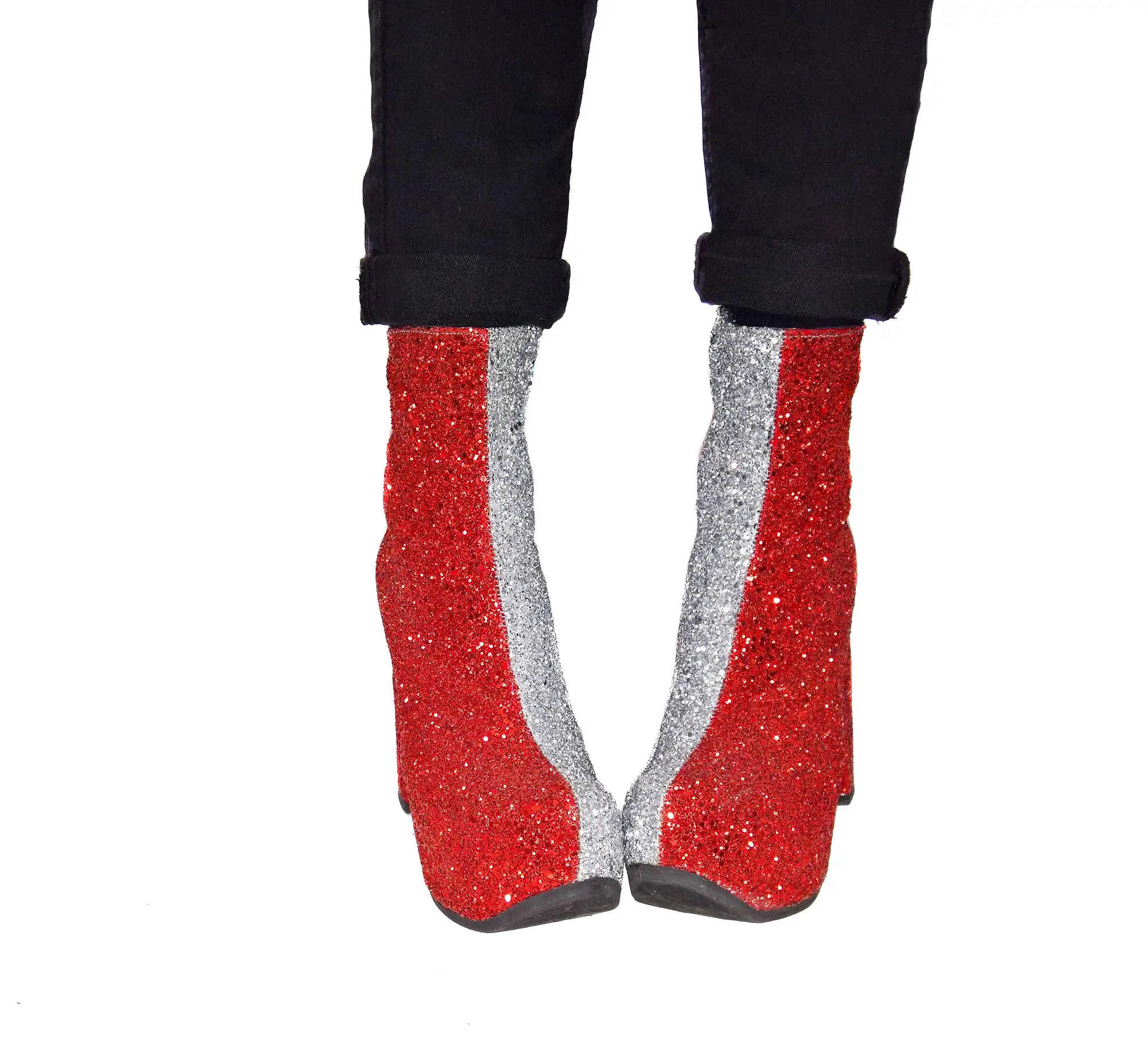 STARDUST Harlequin Platform Ankle Boots in Red & Silver Glitter