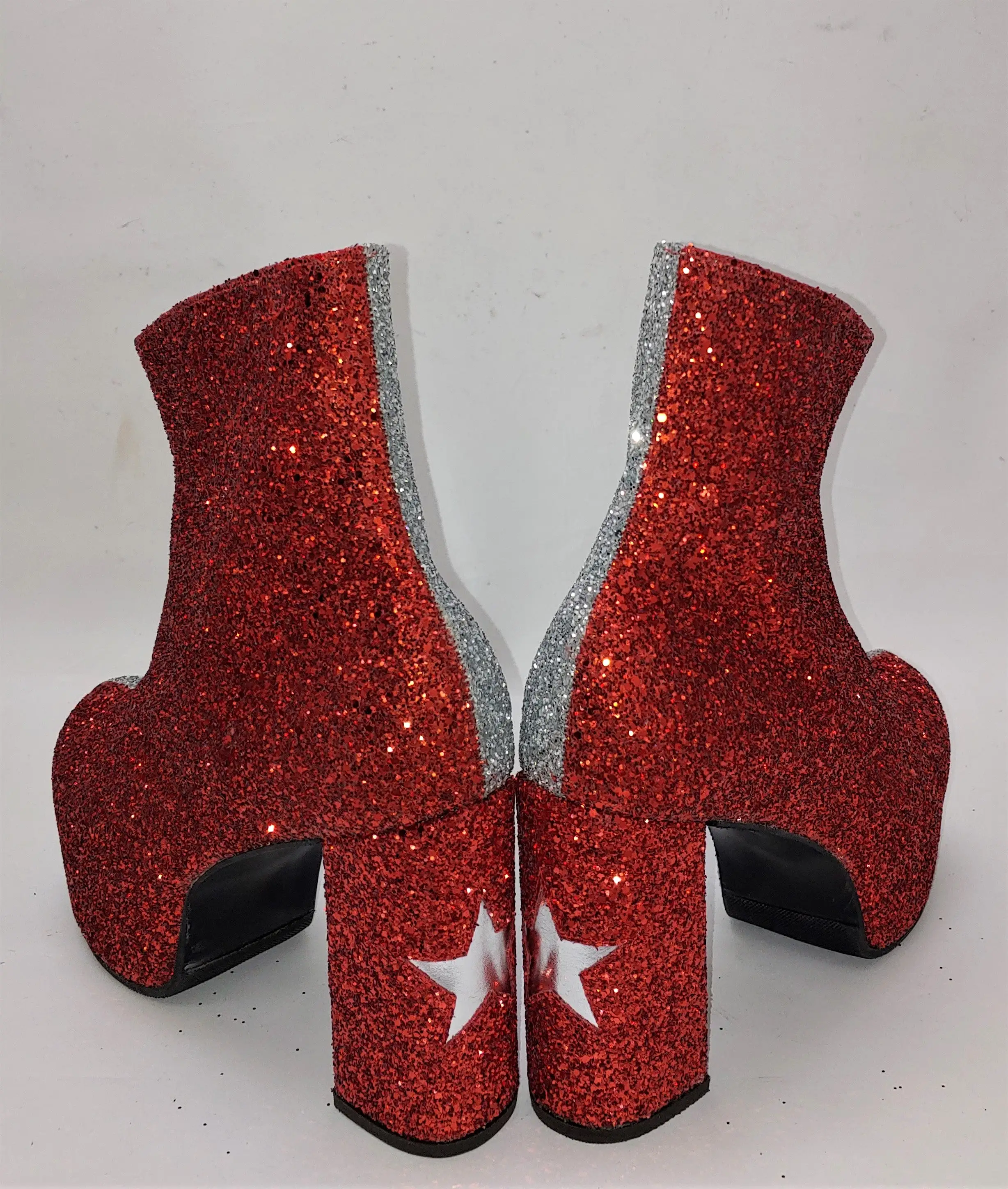 STARDUST Harlequin Platform Ankle Boots in Red & Silver Glitter