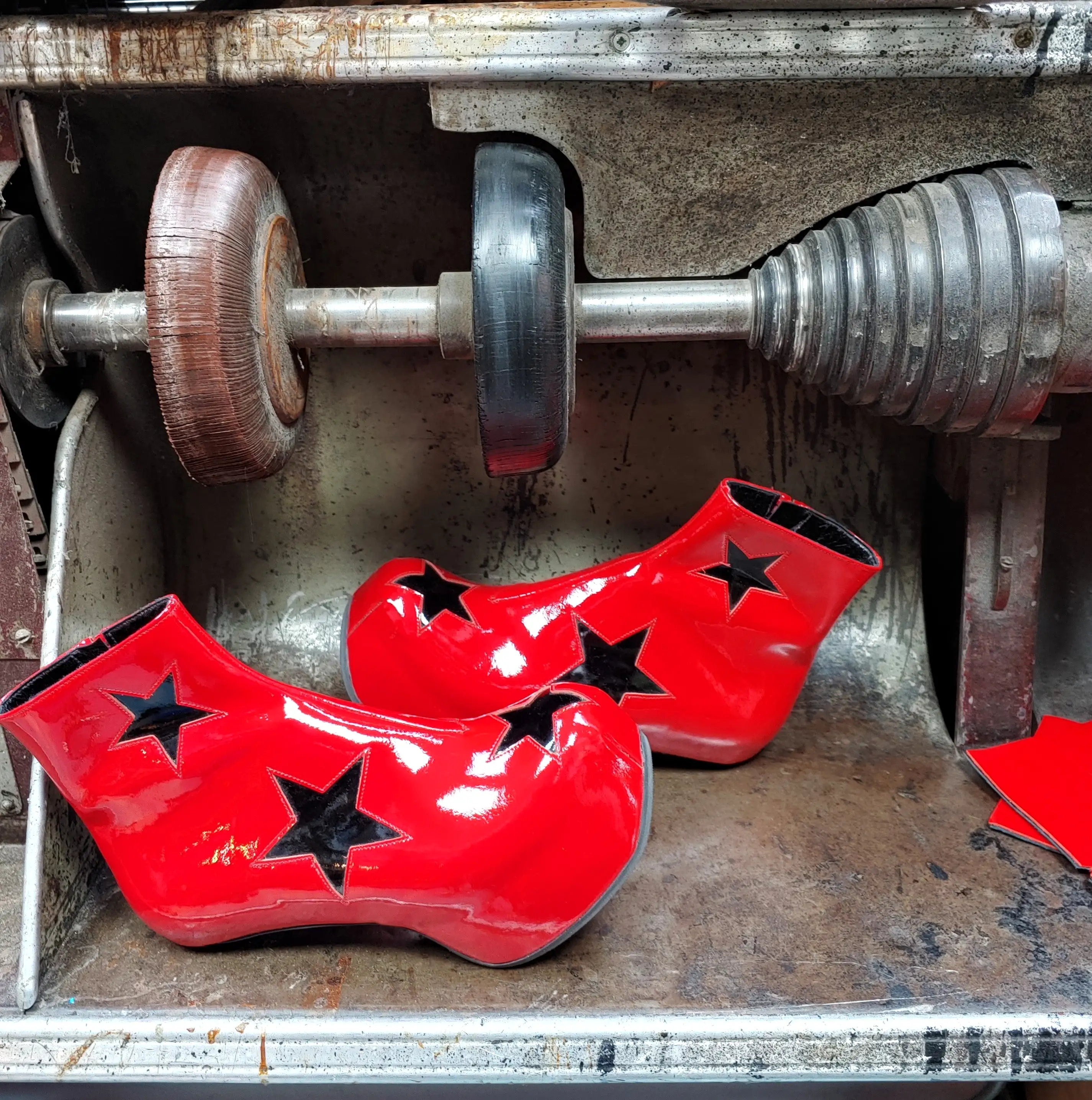 STARDUST Platform Ankle Boots - Red Patent Leather with Black Stars