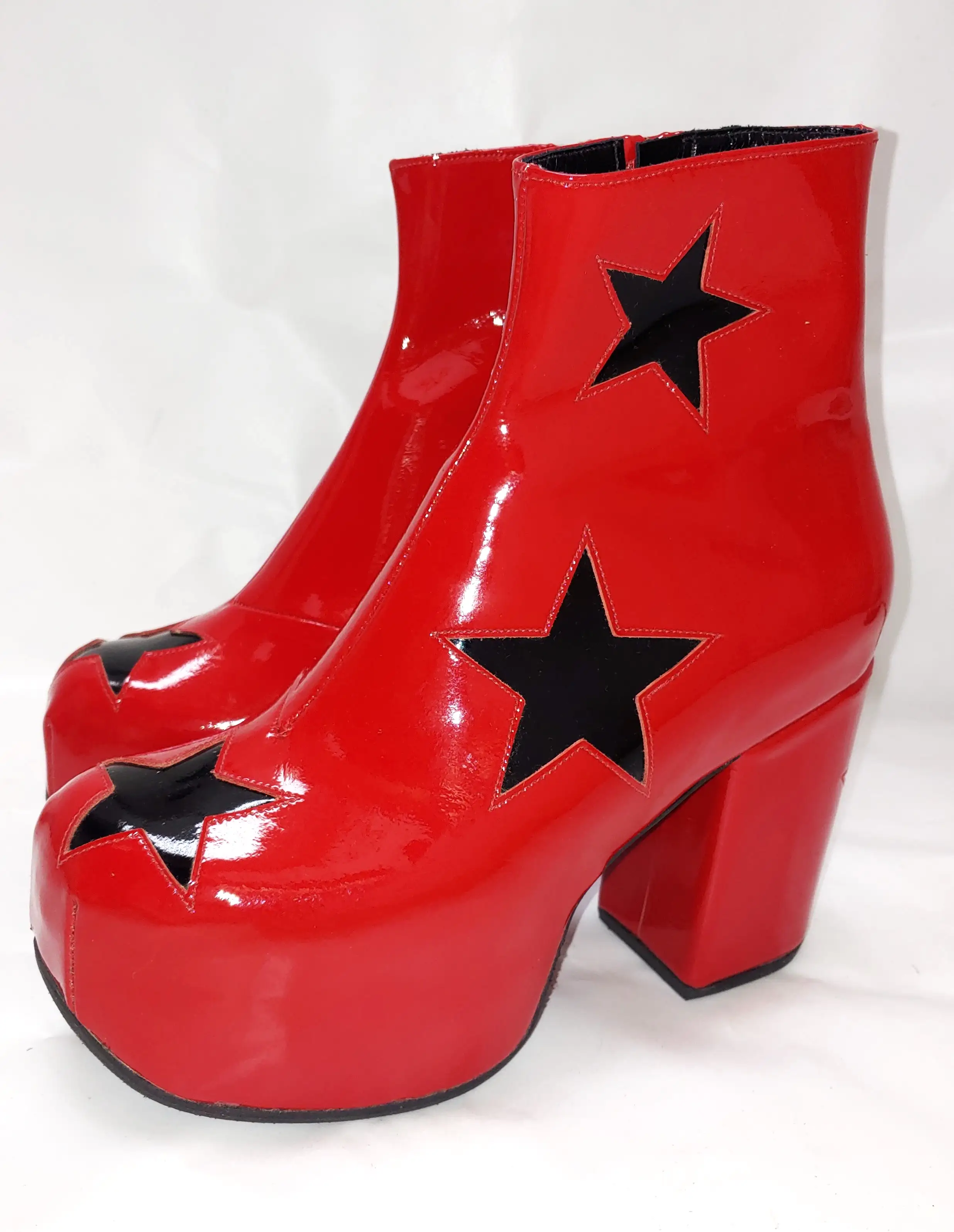 STARDUST Platform Ankle Boots - Red Patent Leather with Black Stars