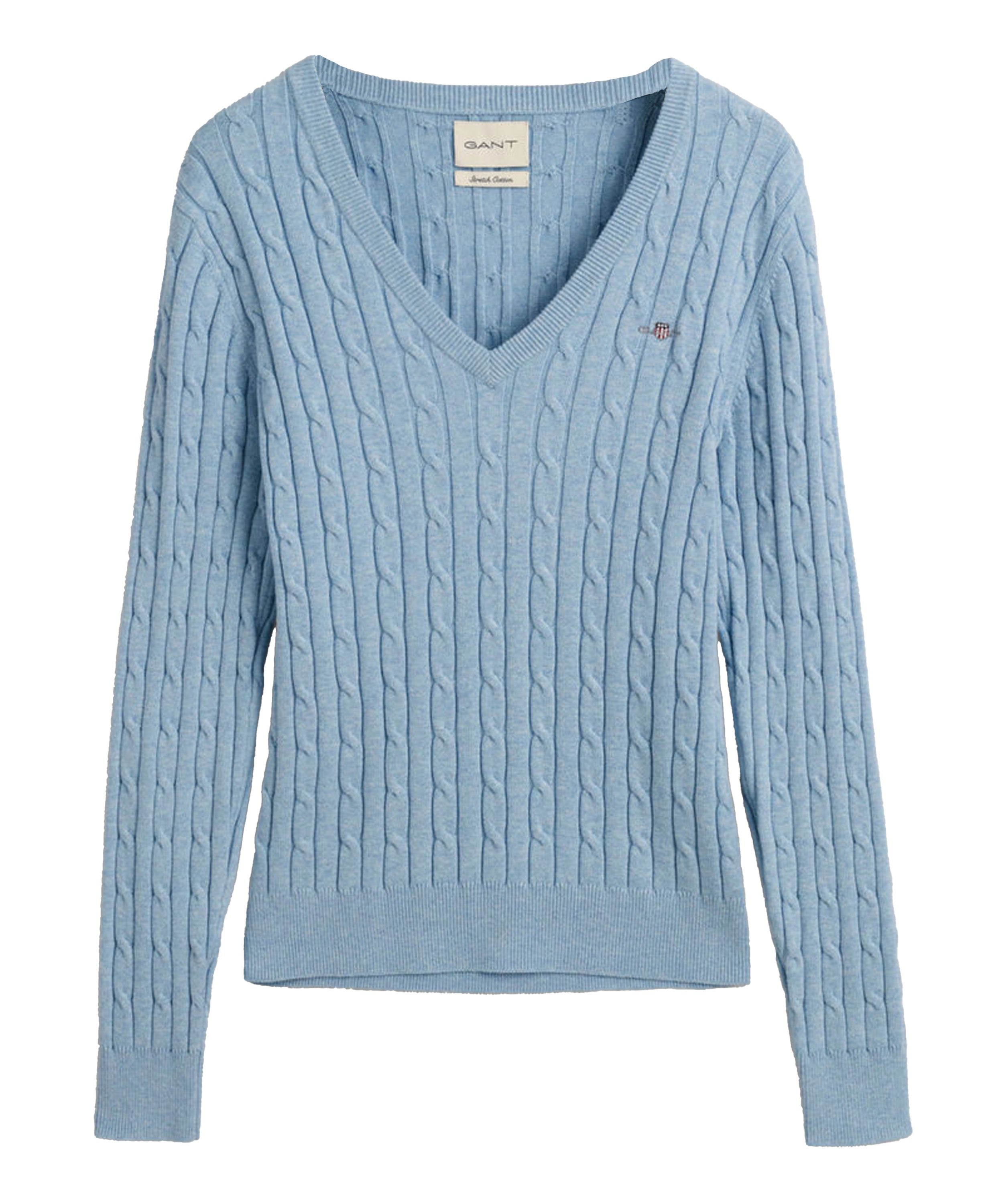 Stretch Cotton Cable V-Neck Sweater                             Dove Blue