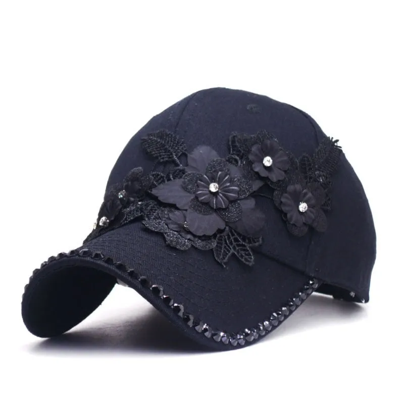 Summer Fashion Women's Rhinestones Lifelike Flowers Baseball Cap