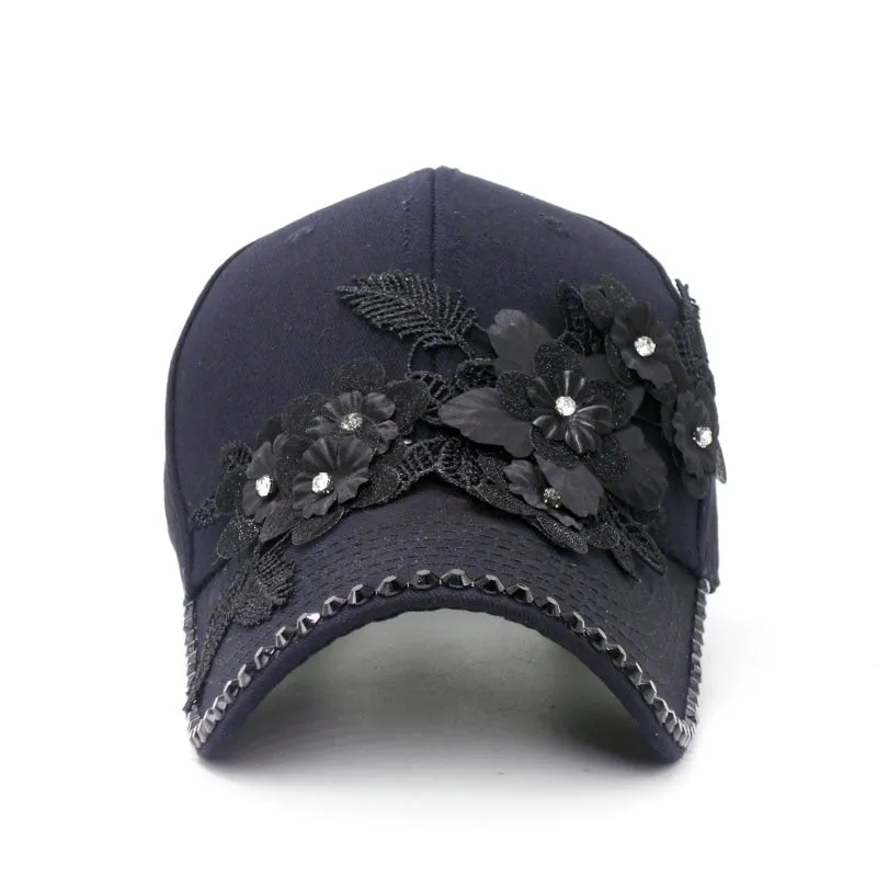 Summer Fashion Women's Rhinestones Lifelike Flowers Baseball Cap