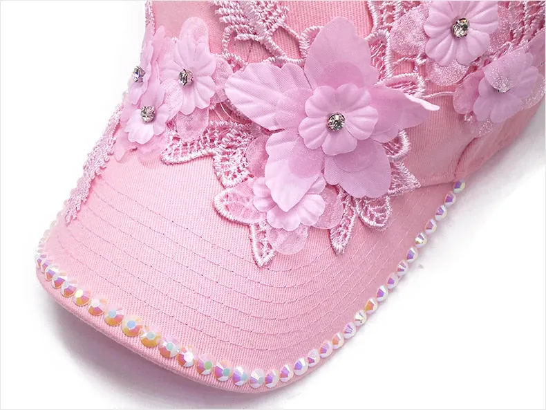 Summer Fashion Women's Rhinestones Lifelike Flowers Baseball Cap