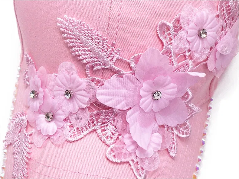 Summer Fashion Women's Rhinestones Lifelike Flowers Baseball Cap