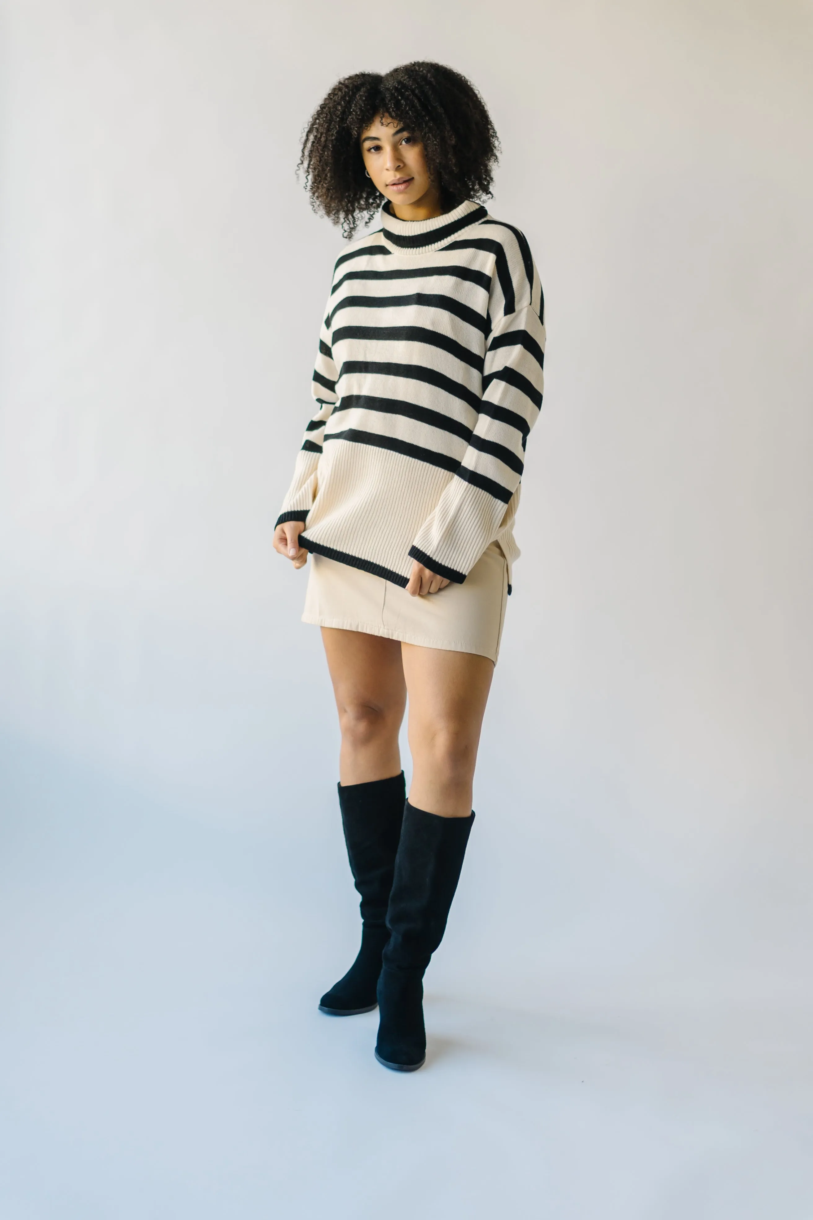 The Bryson Striped Turtleneck Sweater in Cream + Black