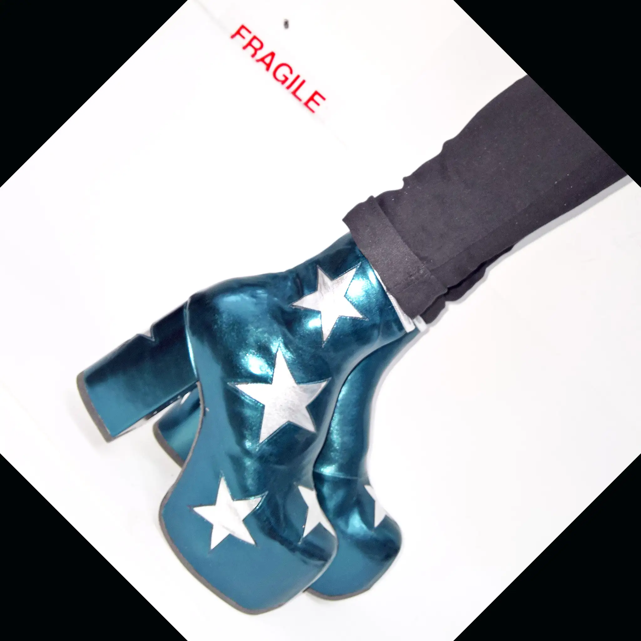 Vegan STARDUST Teal Metallic Platform Ankle Boots with Silver Stars