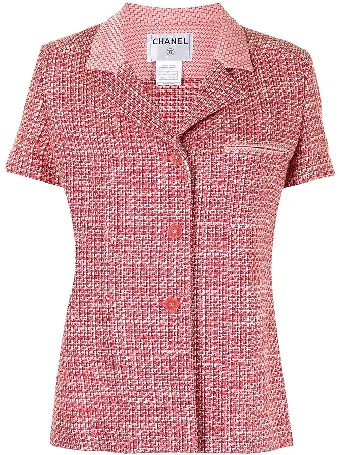 Vintage Chanel 02P, 2002 Spring Pink/Red Short Sleeve Tweed Jacket FR 42