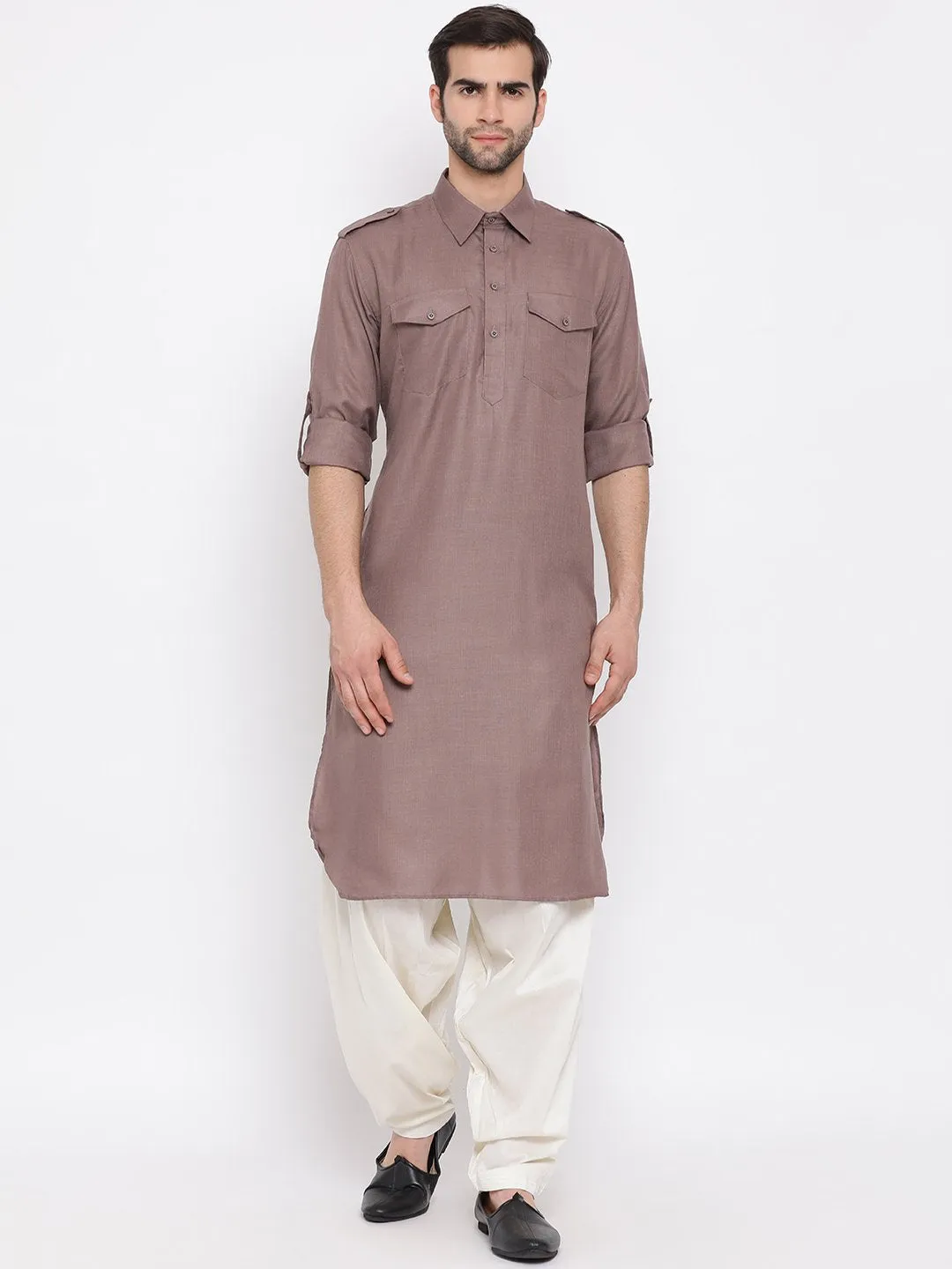 VM By VASTRAMAY Men's Grey Cotton Blend Pathani Suit Set