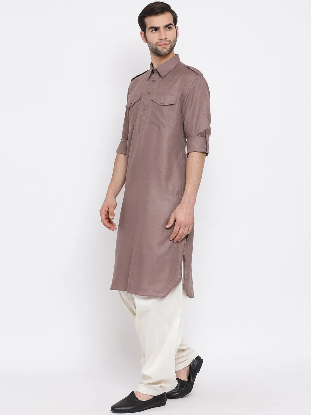 VM By VASTRAMAY Men's Grey Cotton Blend Pathani Suit Set