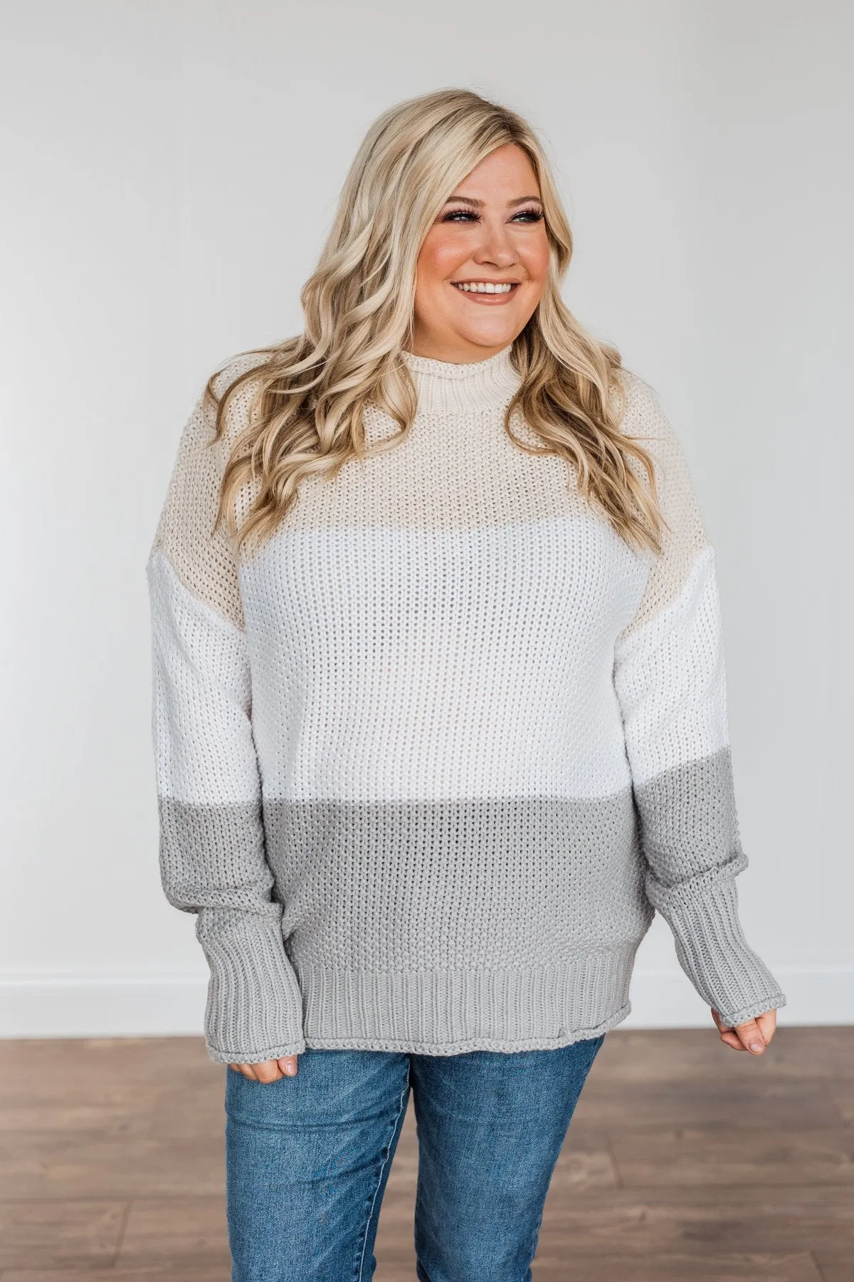 Warm & Toasty Color Block Knit Sweater- Beige & Grey