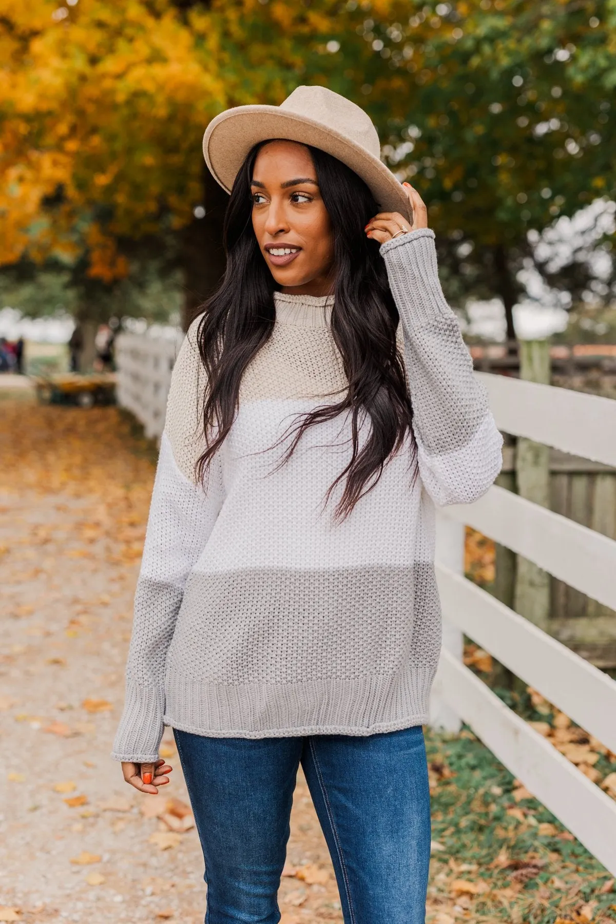 Warm & Toasty Color Block Knit Sweater- Beige & Grey