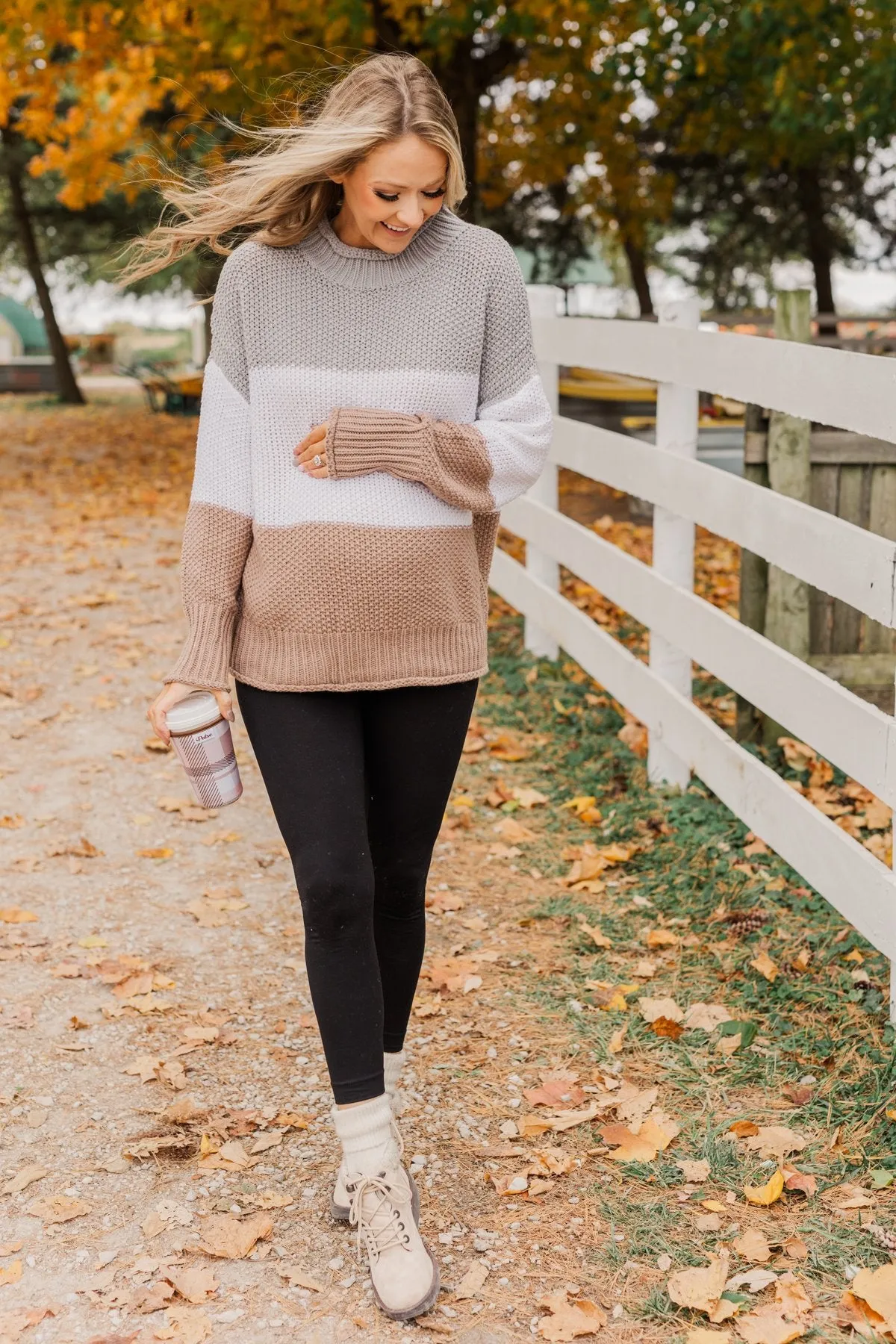 Warm & Toasty Color Block Knit Sweater- Grey & Mocha