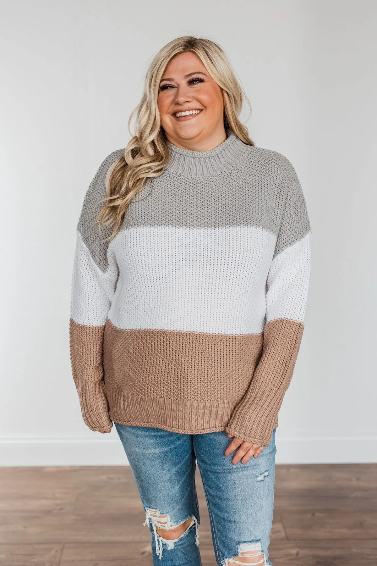 Warm & Toasty Color Block Knit Sweater- Grey & Mocha