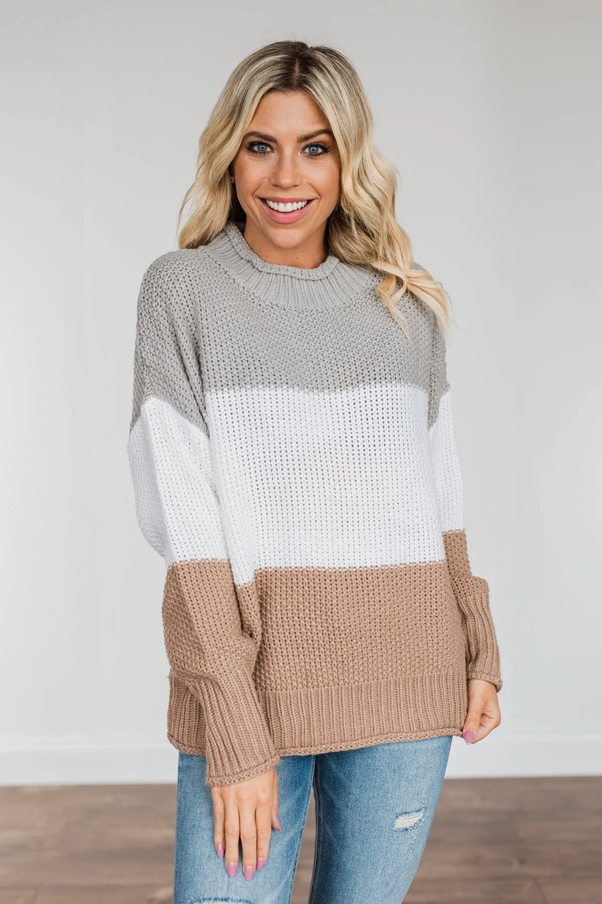 Warm & Toasty Color Block Knit Sweater- Grey & Mocha