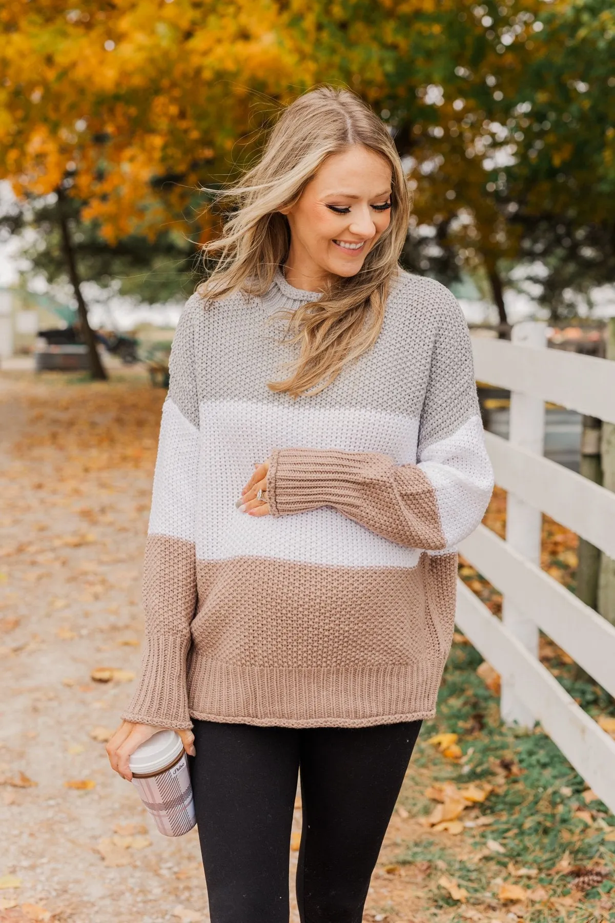 Warm & Toasty Color Block Knit Sweater- Grey & Mocha