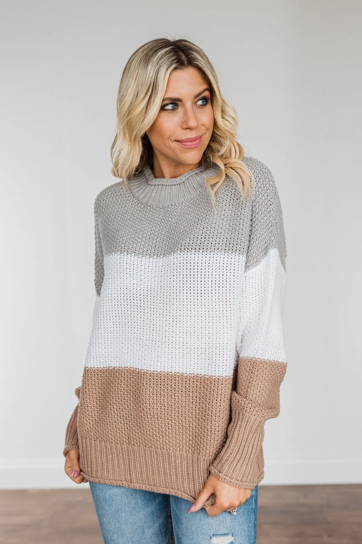 Warm & Toasty Color Block Knit Sweater- Grey & Mocha