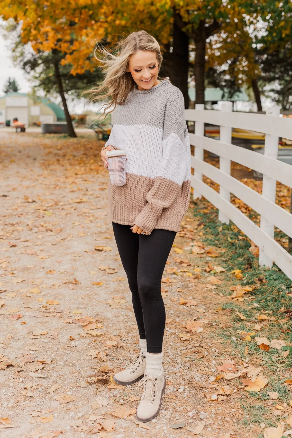 Warm & Toasty Color Block Knit Sweater- Grey & Mocha