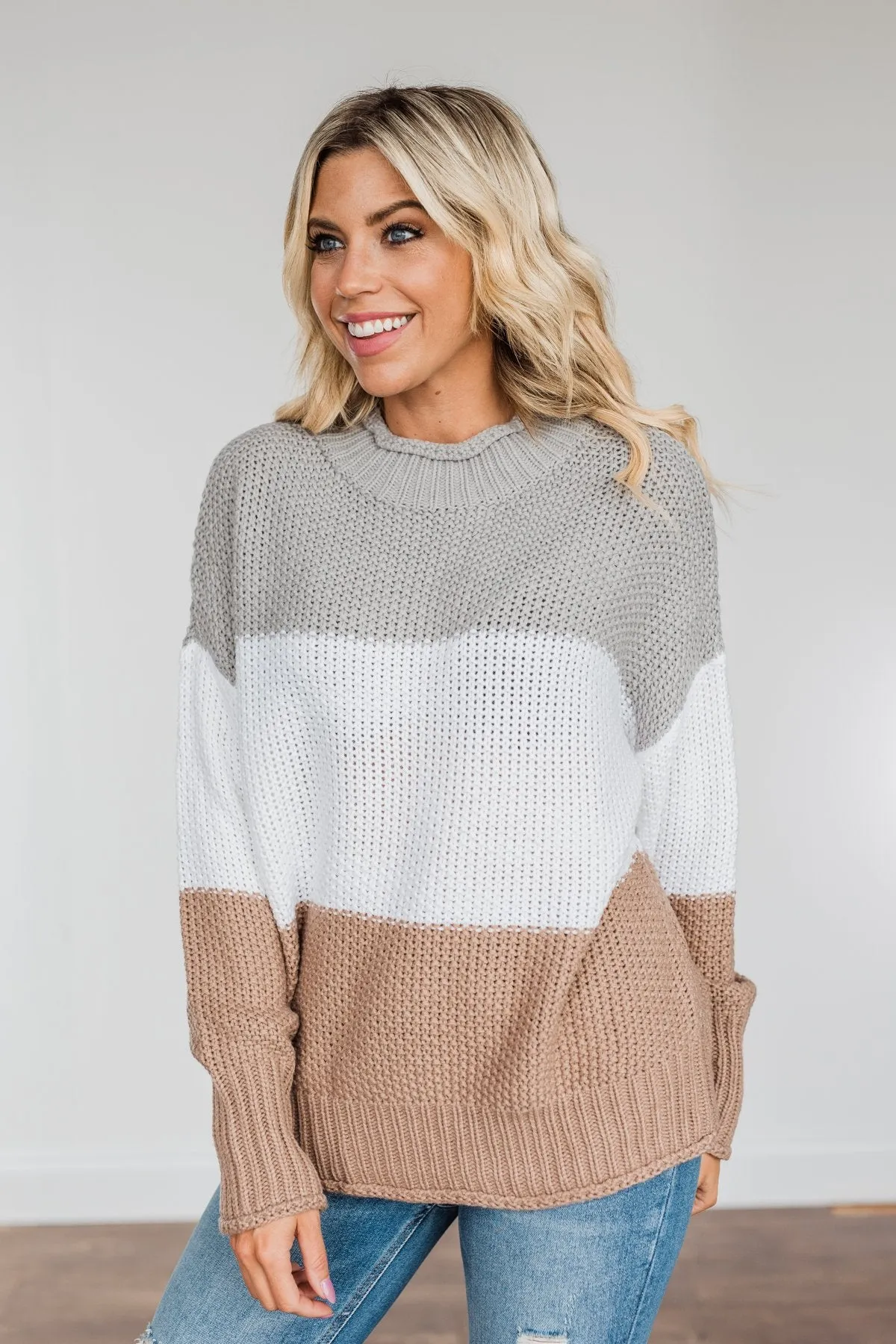 Warm & Toasty Color Block Knit Sweater- Grey & Mocha