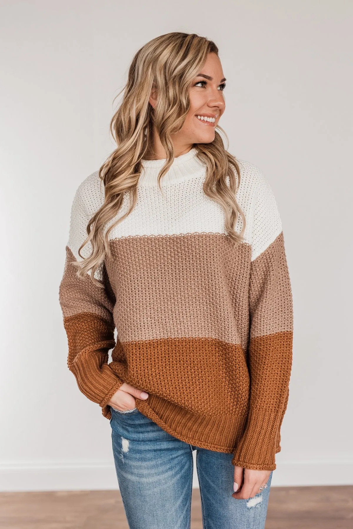 Warm & Toasty Color Block Knit Sweater- Mocha & Rust