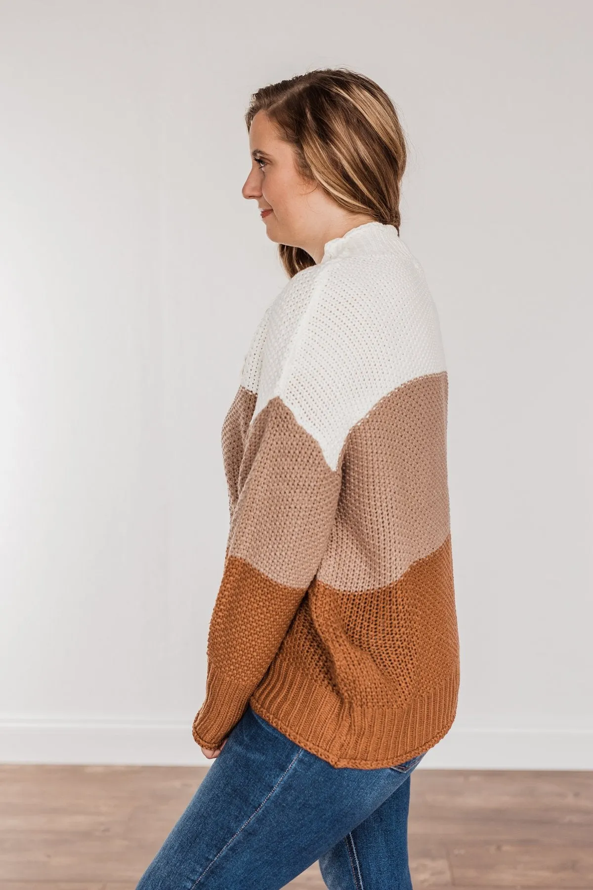 Warm & Toasty Color Block Knit Sweater- Mocha & Rust