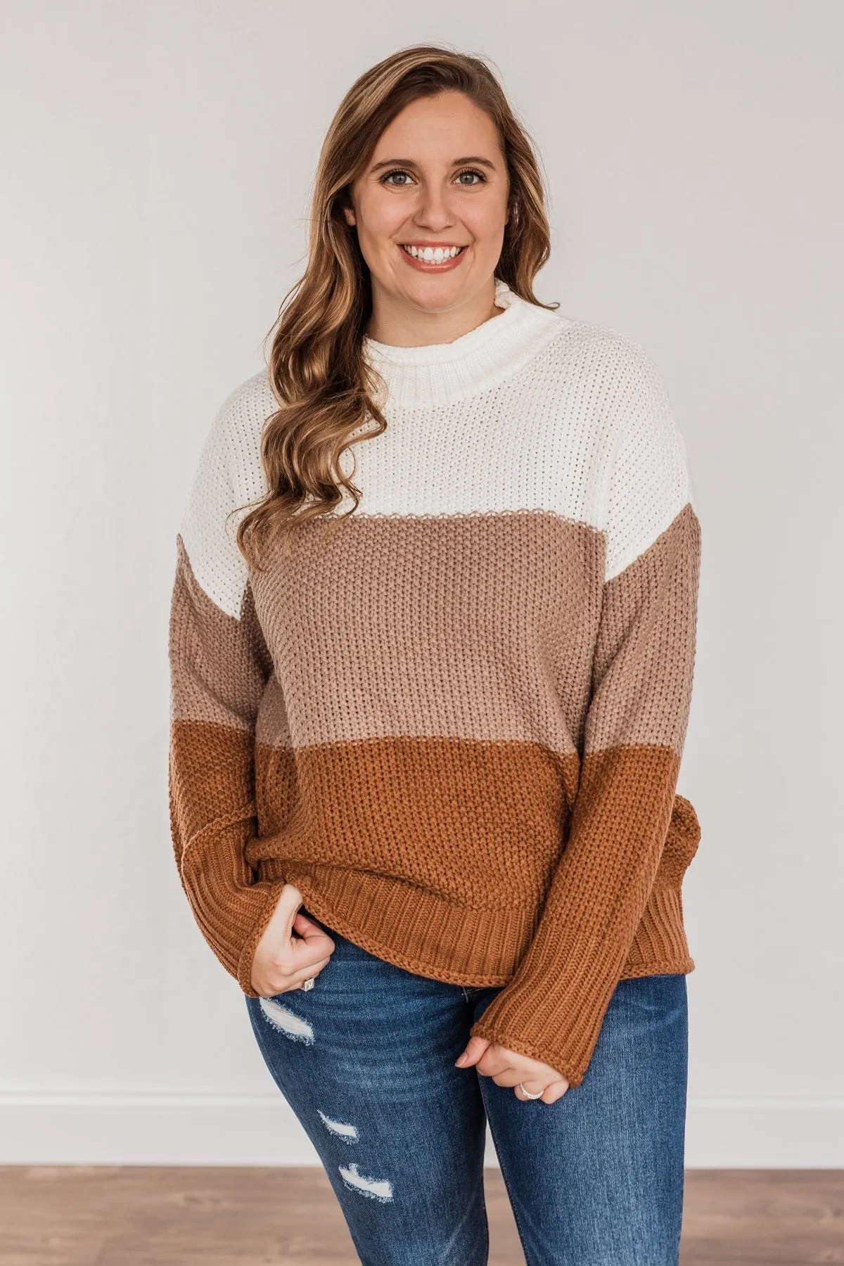 Warm & Toasty Color Block Knit Sweater- Mocha & Rust