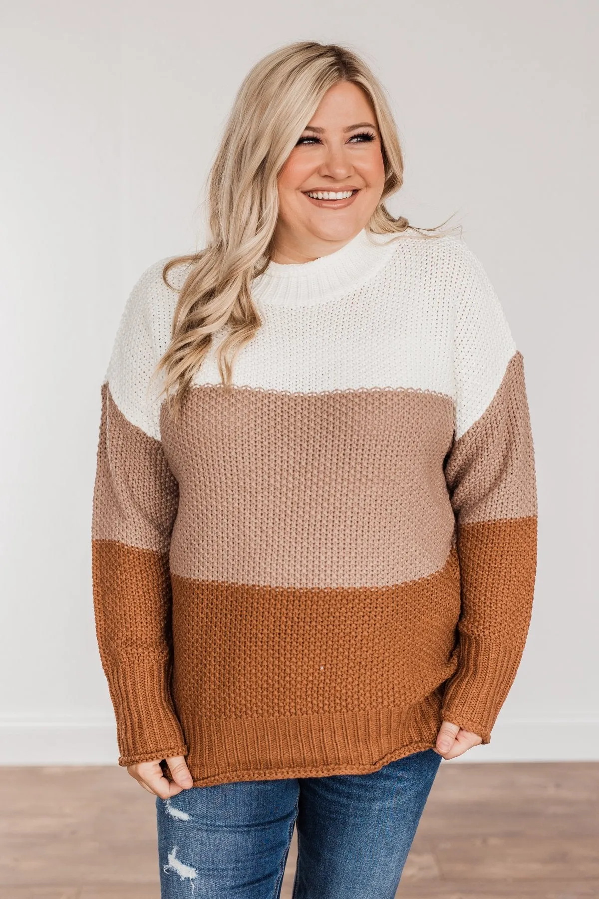 Warm & Toasty Color Block Knit Sweater- Mocha & Rust