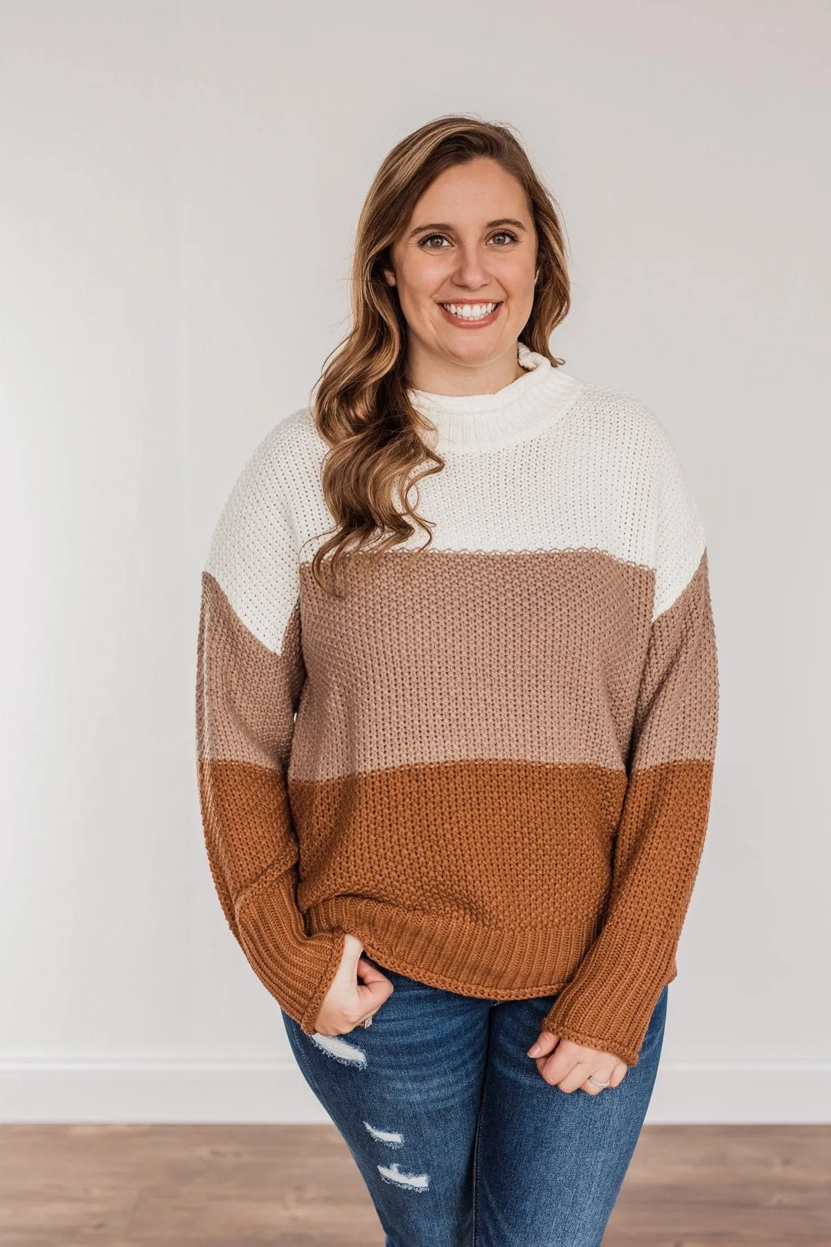 Warm & Toasty Color Block Knit Sweater- Mocha & Rust