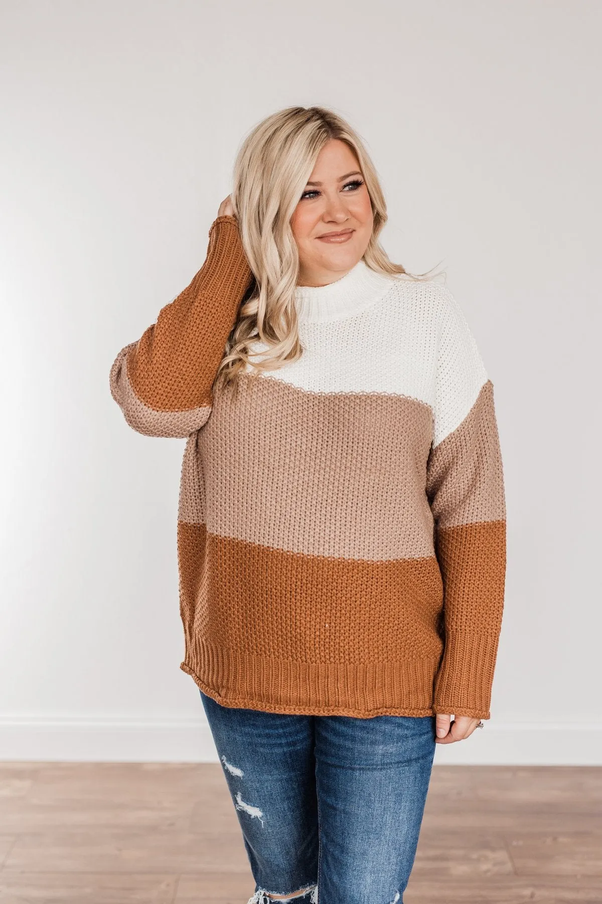 Warm & Toasty Color Block Knit Sweater- Mocha & Rust