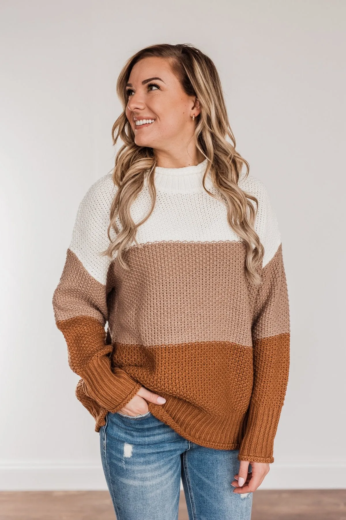 Warm & Toasty Color Block Knit Sweater- Mocha & Rust