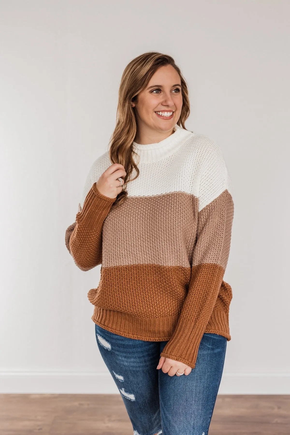 Warm & Toasty Color Block Knit Sweater- Mocha & Rust