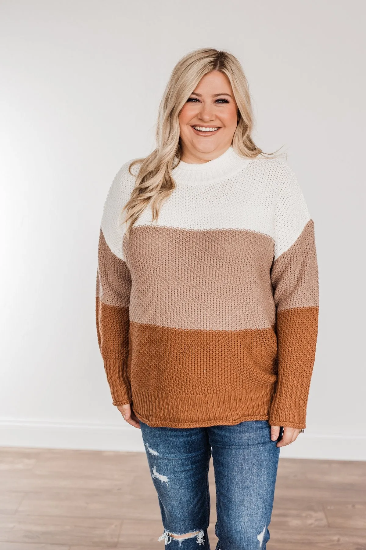 Warm & Toasty Color Block Knit Sweater- Mocha & Rust