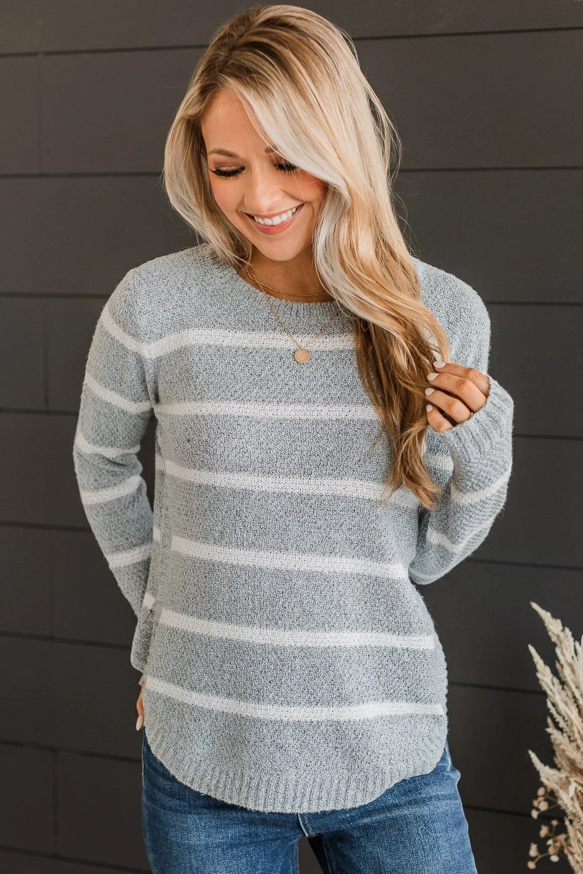 Way Of Life Striped Knit Sweater- Grey & Ivory