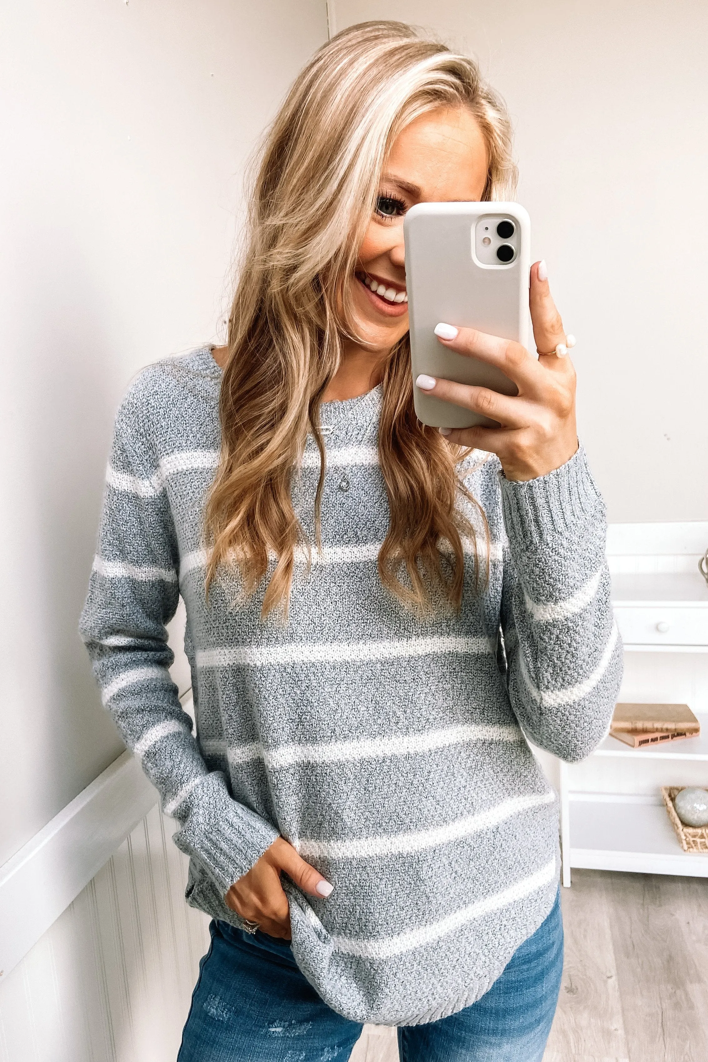 Way Of Life Striped Knit Sweater- Grey & Ivory