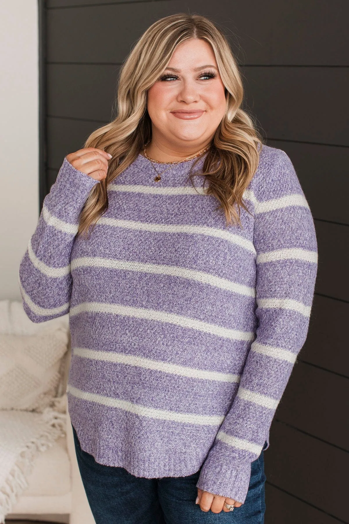 Way Of Life Striped Knit Sweater- Lavender & Ivory