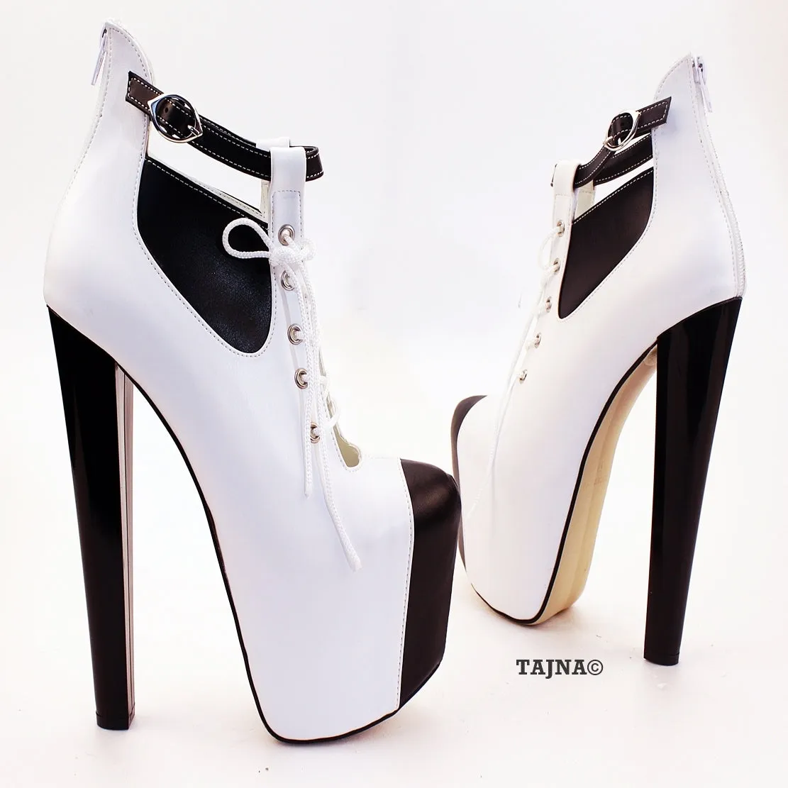 White Black Ankle High Heel Platform Booties